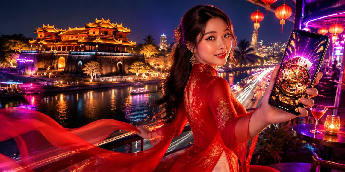 Người phụ nữ mặc áo dài tại Huế sử dụng điện thoại trải nghiệm casino trực tuyến
